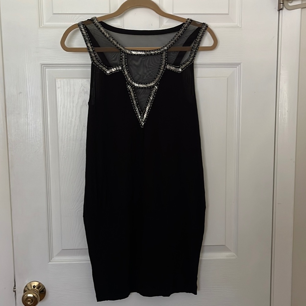 GRASS COLLECTION black mini dress, beaded, mesh insert, LBD, large.